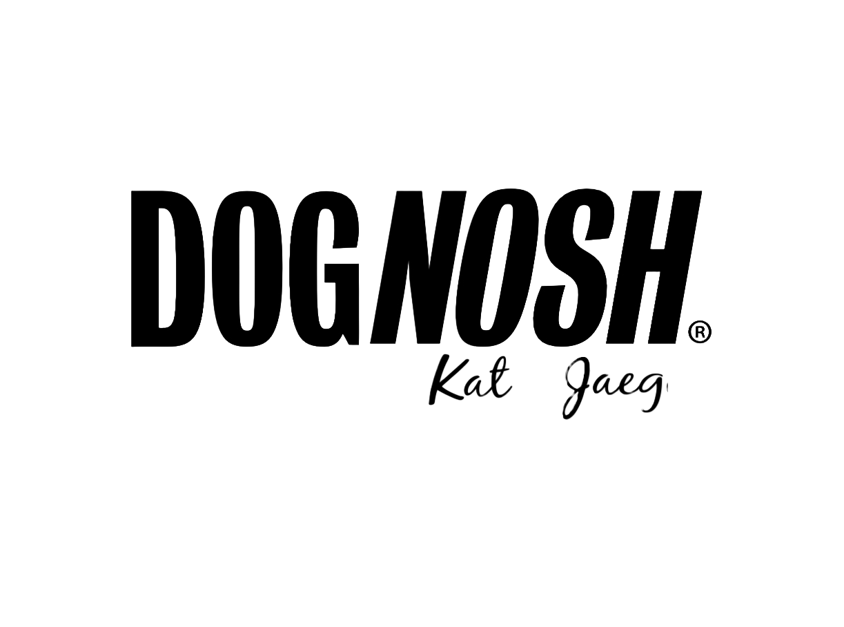 Dog Nosh brand logo featuring bold black typography with cursive Kat Jaeg signature on white background.