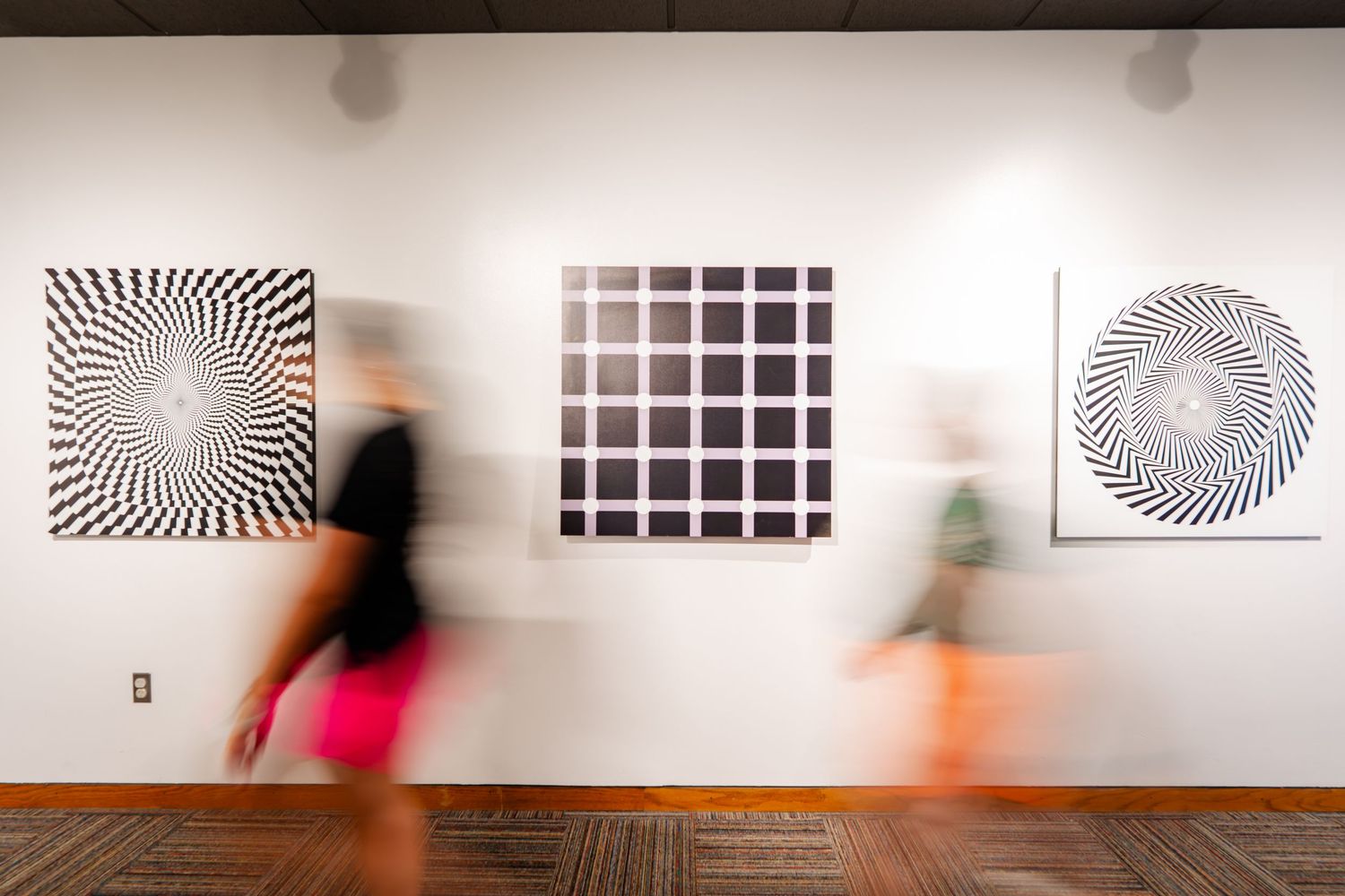 Art gallery wall displaying a series of black and white geometric optical illusion prints.