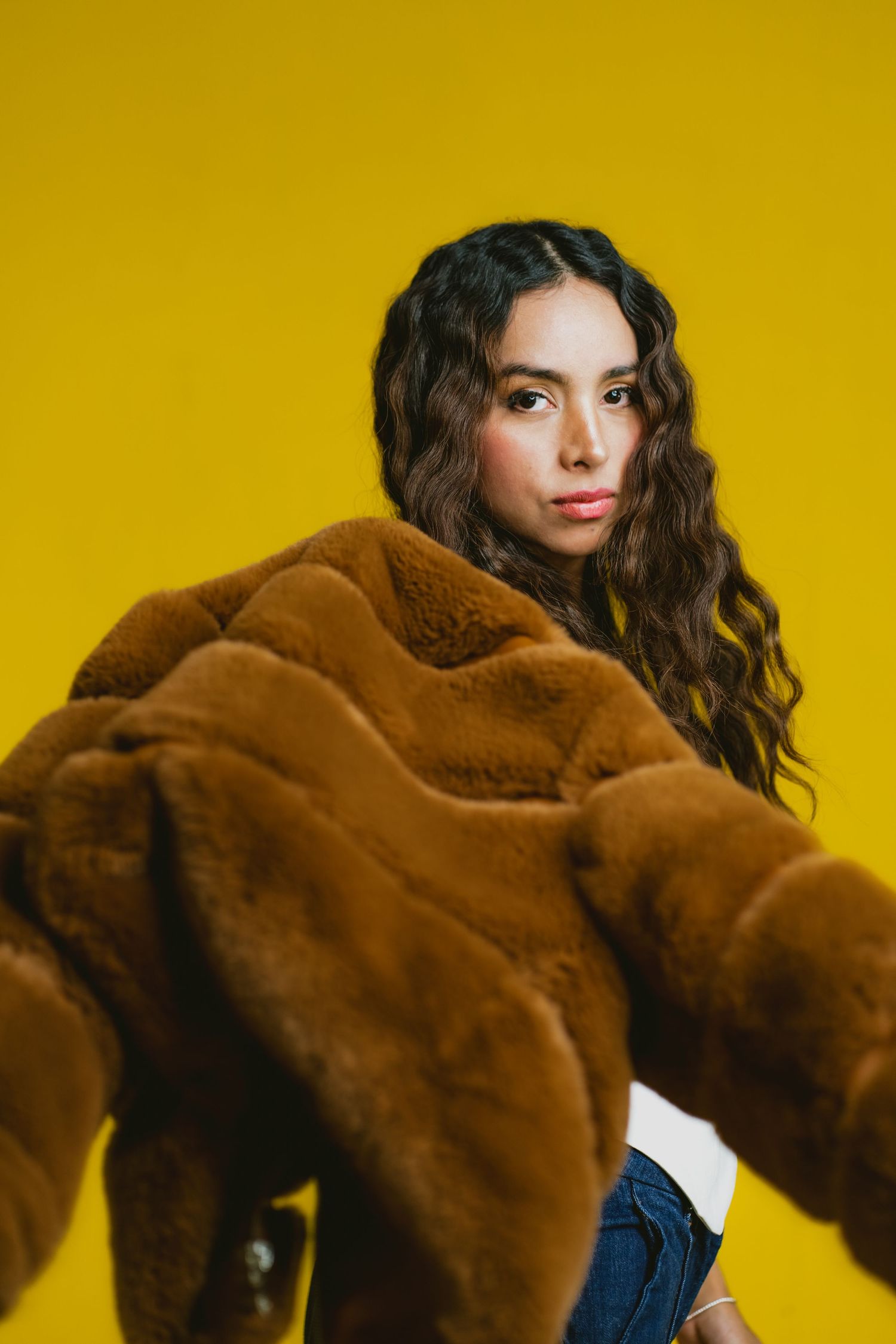 Stylish brown fur coat poses against yellow background in fashion series.