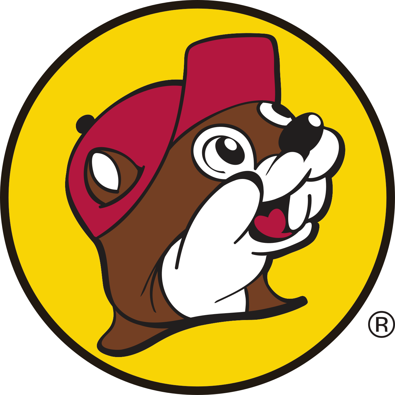 Buc-ee's beaver mascot logo featuring a cartoon beaver wearing a red cap on a bright yellow circular background.