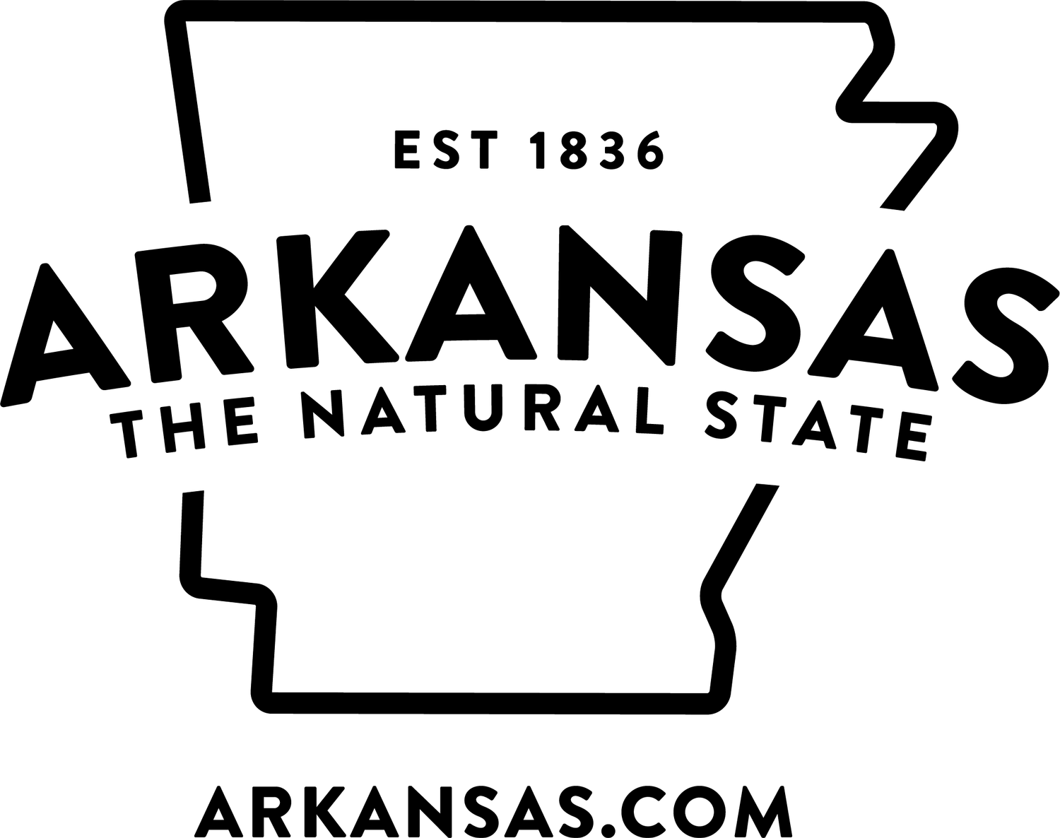 Black outline of Arkansas state with text The Natural State and Est 1836.