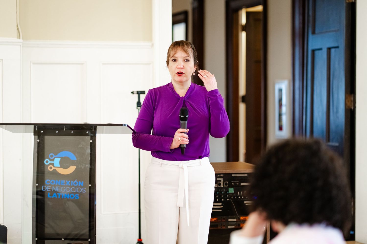Business professionals participating in a conference session in an elegant meeting room.