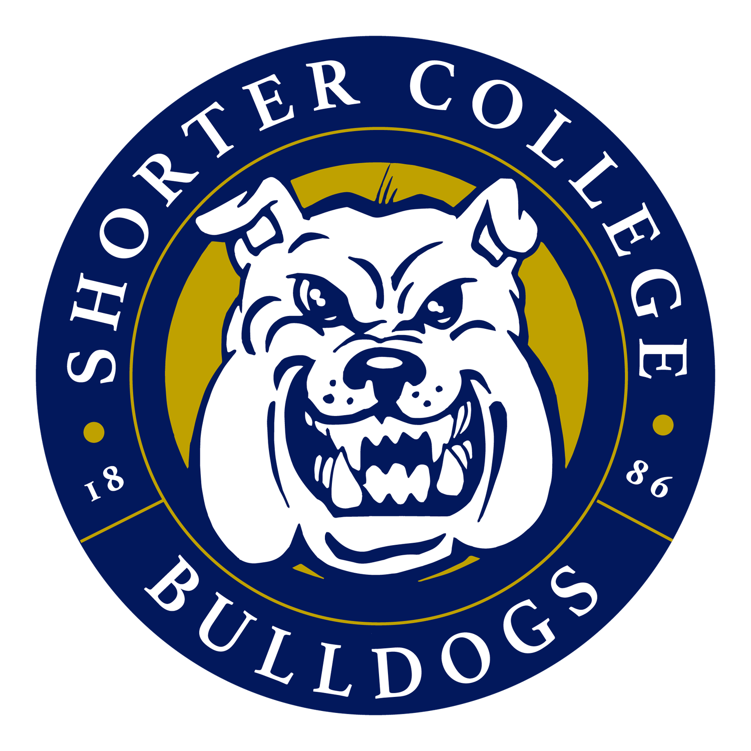 Shorter College Bulldogs circular logo featuring fierce bulldog mascot in blue and yellow.