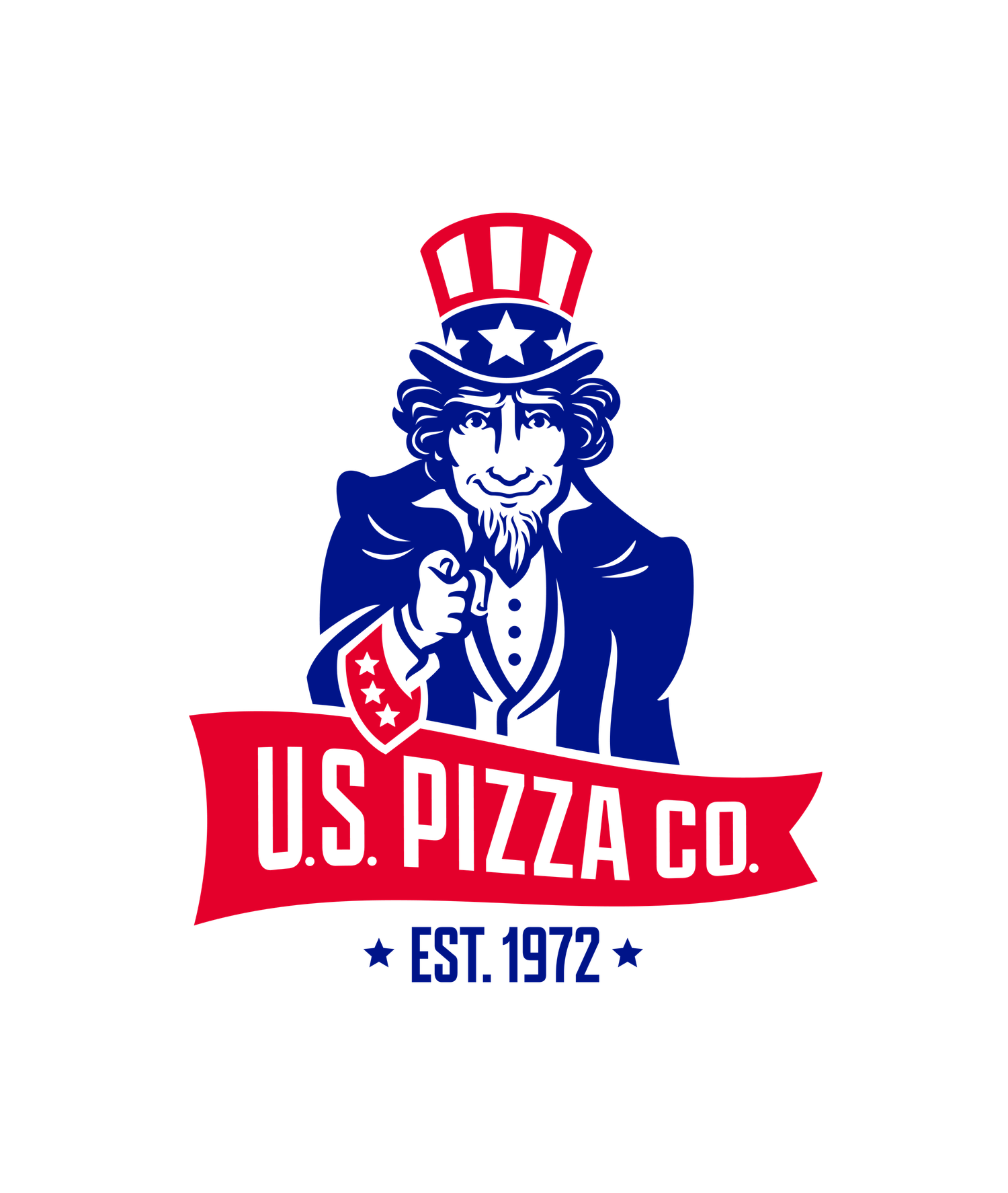 US Pizza Co logo featuring Uncle Sam in patriotic red, white and blue design with est. 1972 text.