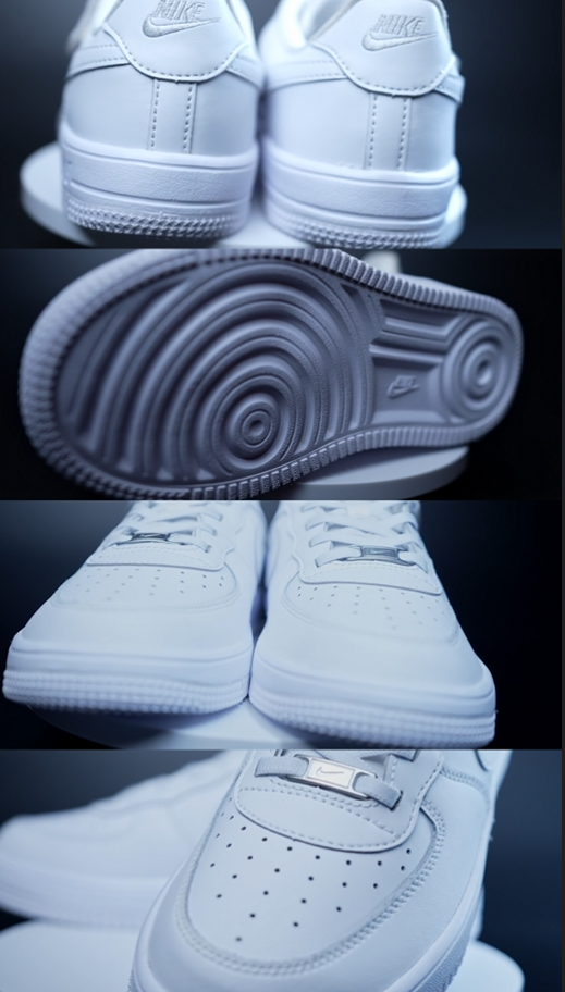 White Nike Air Force 1 sneakers shown from multiple angles including heel, sole, toe, and side views.