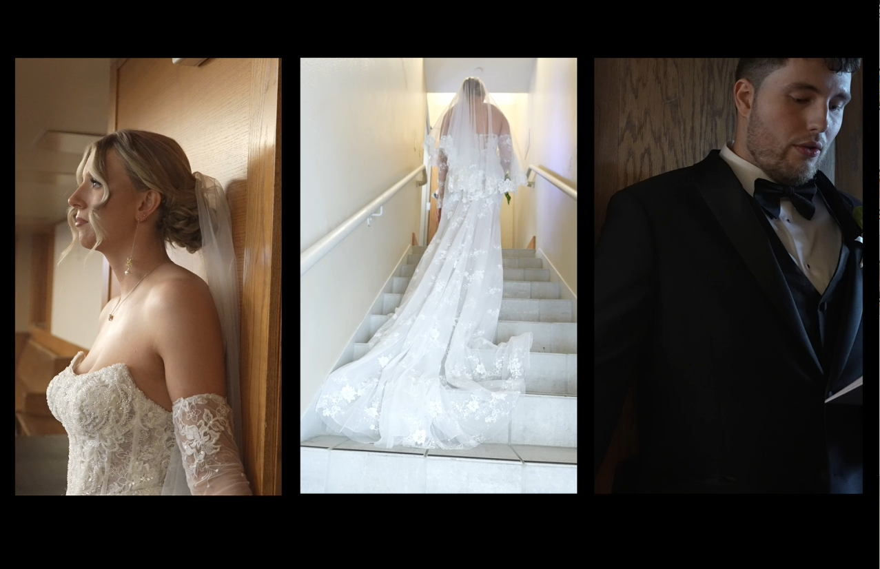 Wedding photography sequence showing bridal preparations and formal portraits.