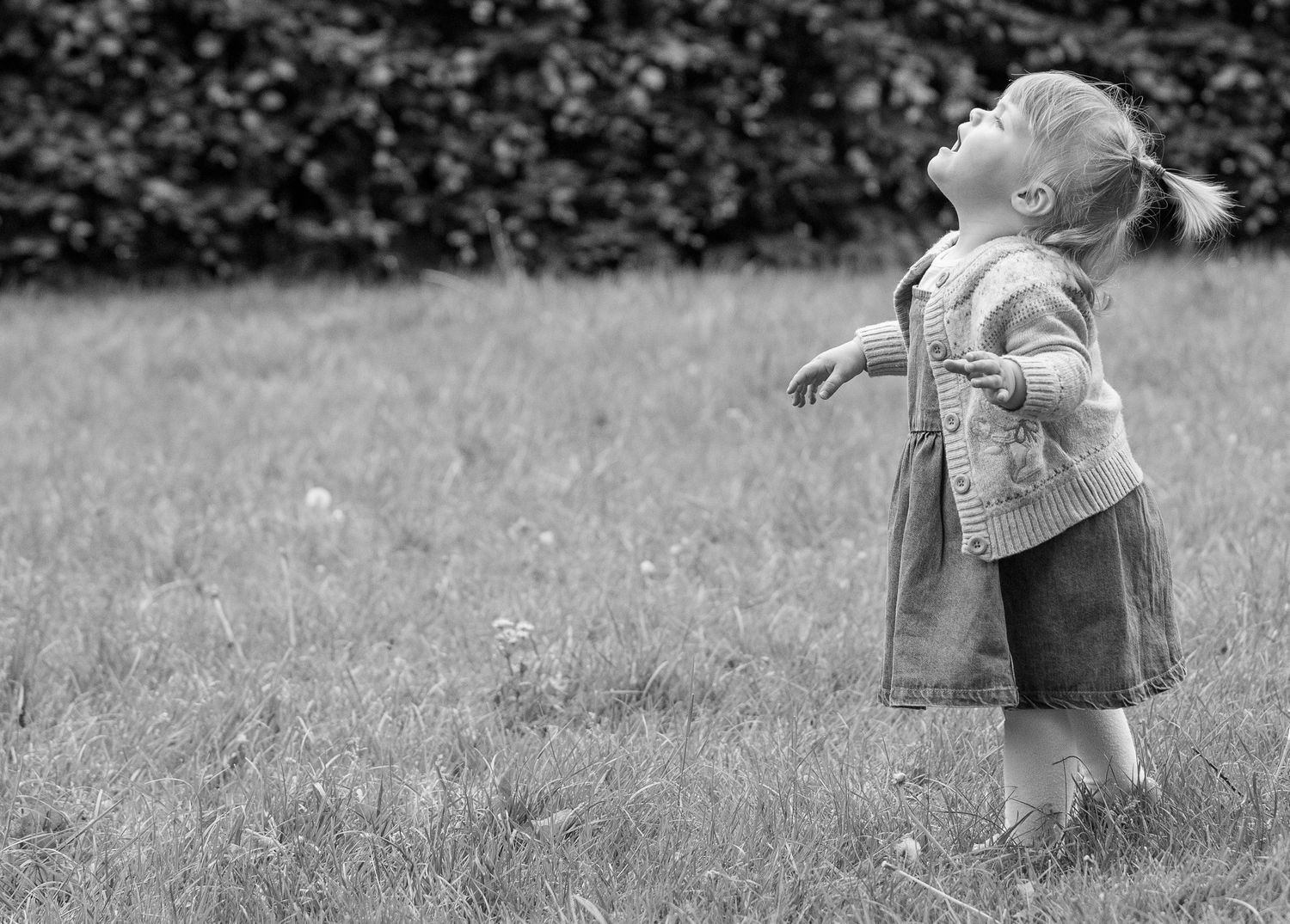 Black and white photo of a toddler looking up at the sky in a garden.
