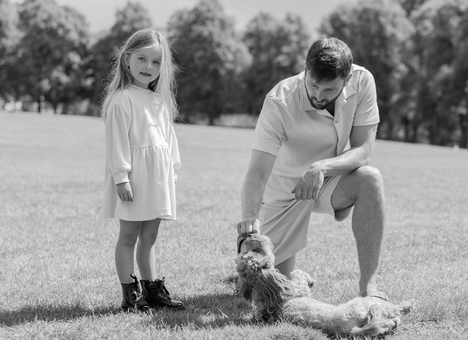 A small dog plays with two people on a grassy field on a sunny day.