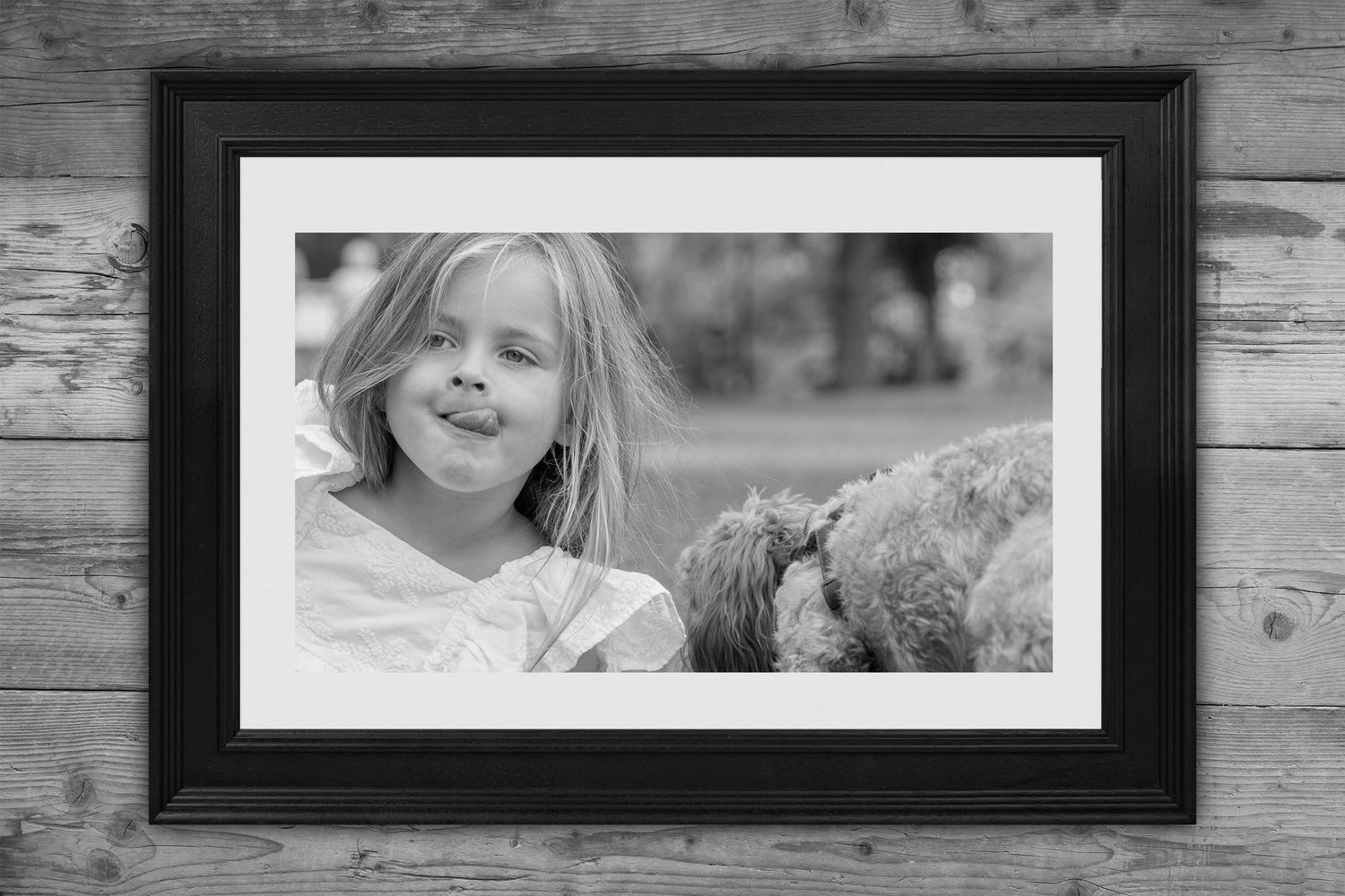 A collection of black and white framed photographs displayed on a rustic wooden wall.