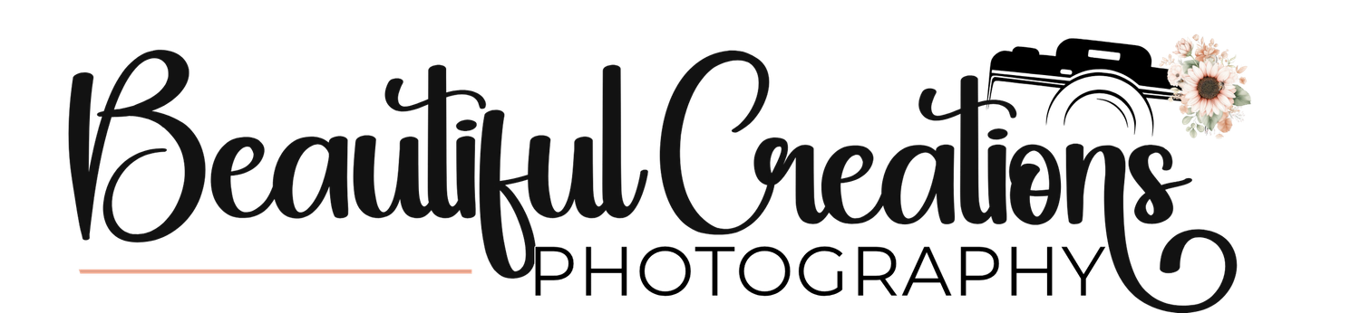 Beautiful Creations Photography logo with elegant script font, camera icon, and floral accents on white background.