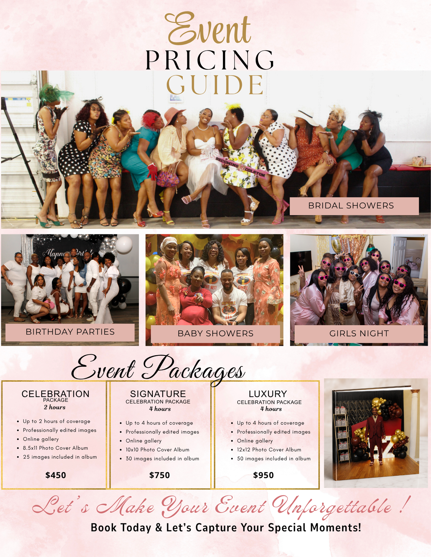 Event pricing guide flyer featuring bridal showers, birthday parties, baby showers, and girls night photography packages starting at $450.