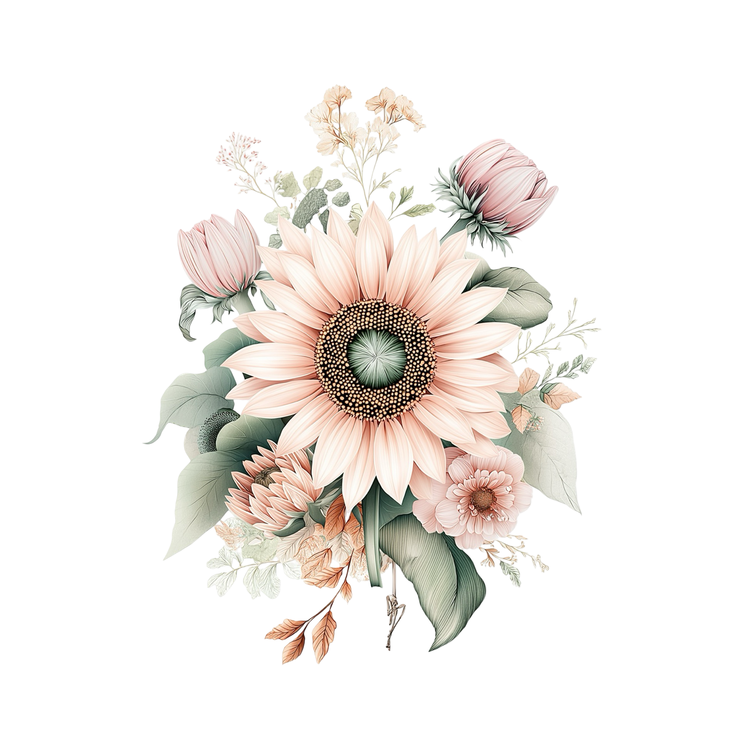 Elegant watercolor illustration of a soft pink sunflower bouquet with wildflowers and green eucalyptus leaves.