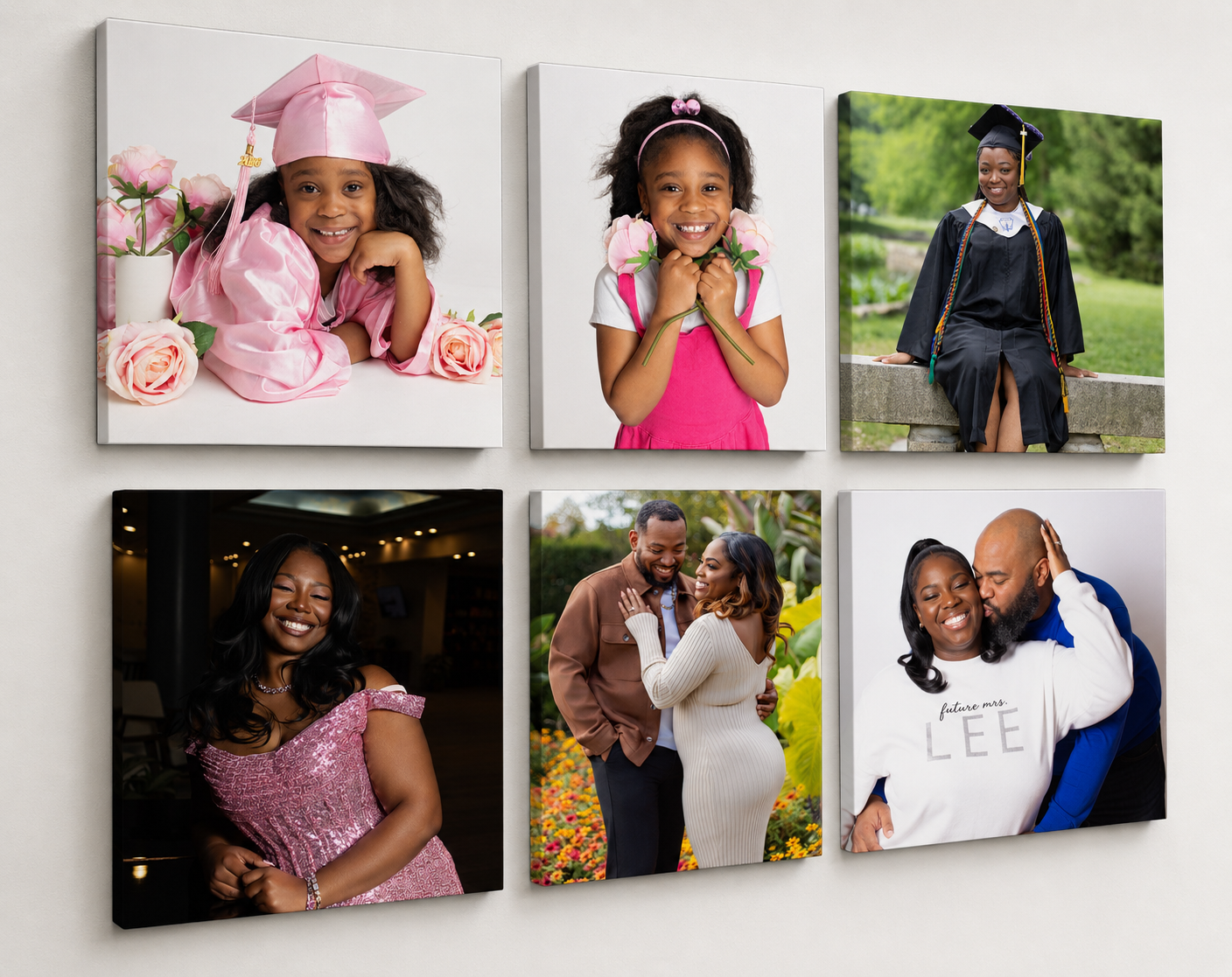Six canvas prints showcasing family portraits, graduations, and candid moments of a Black family displayed in a gallery wall arrangement.