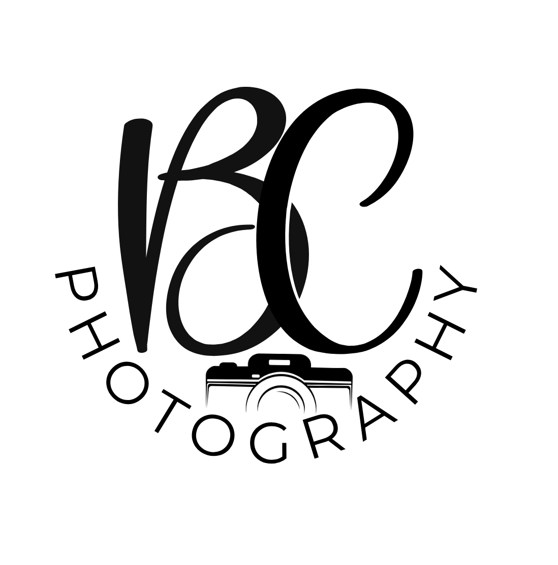 BC Photography logo featuring elegant monogram initials and a camera graphic with circular text design.