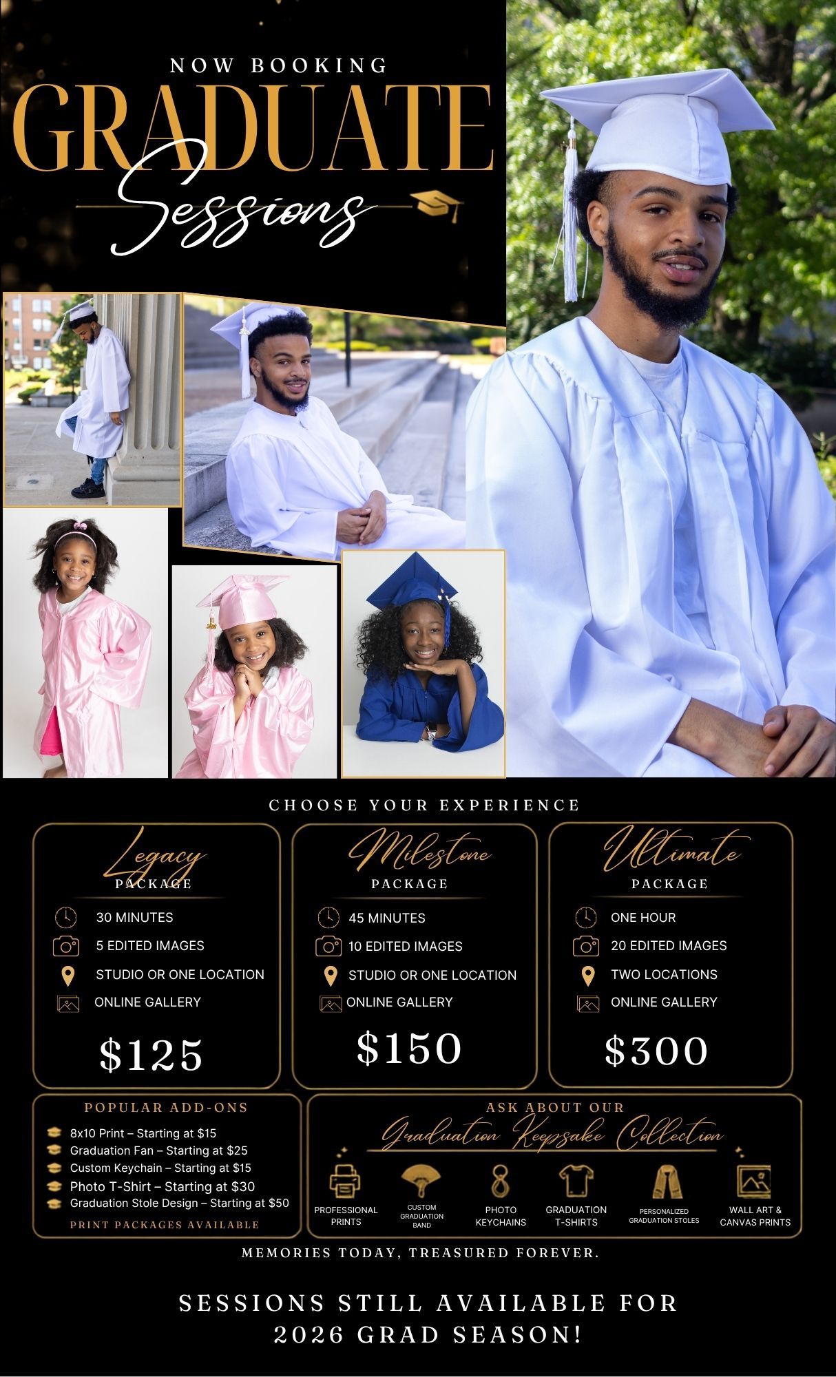 A photography studio advertises graduate portrait sessions with pricing packages from $125 to $300, featuring students in caps and gowns.