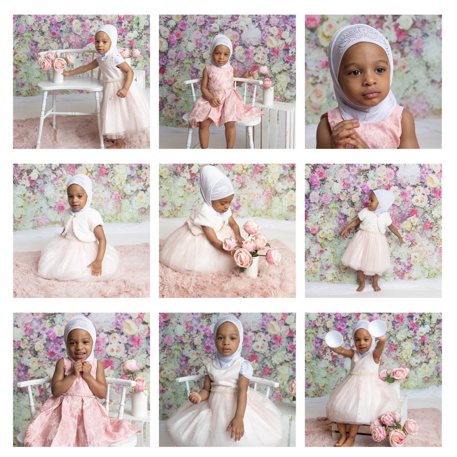 Young girl in pink dress and white bonnet poses for portrait photos against floral backdrop in nine-image collage.