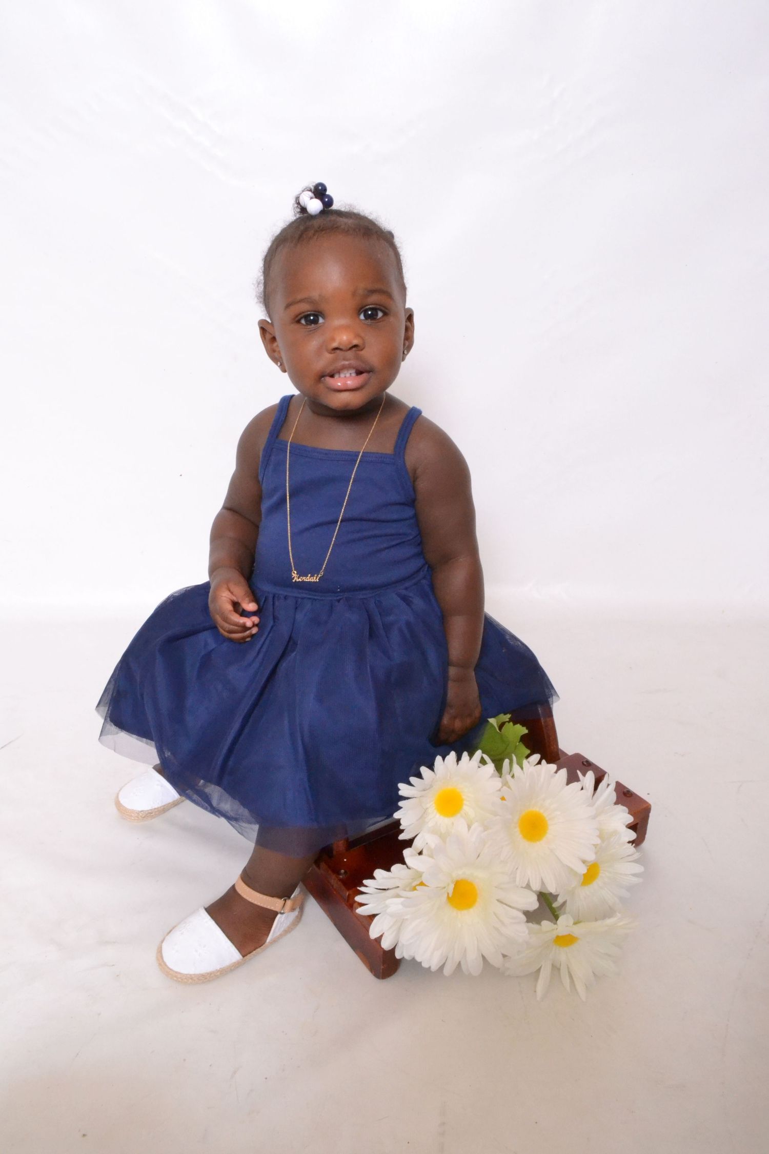 Cute toddler girl in navy blue tutu dress sitting with white daisy flowers on white background.