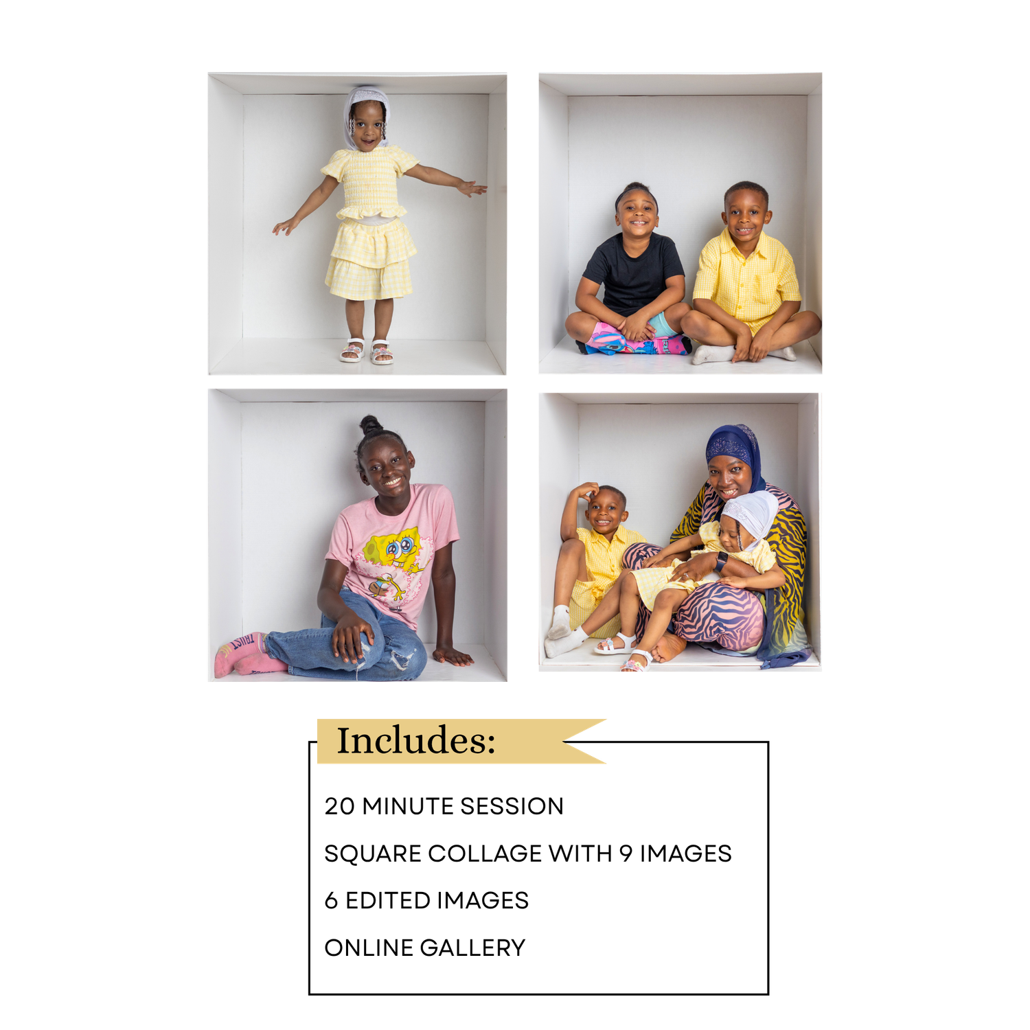 A collage of four children posing in white box frames, with text listing a 20-minute photo session package with edited images.