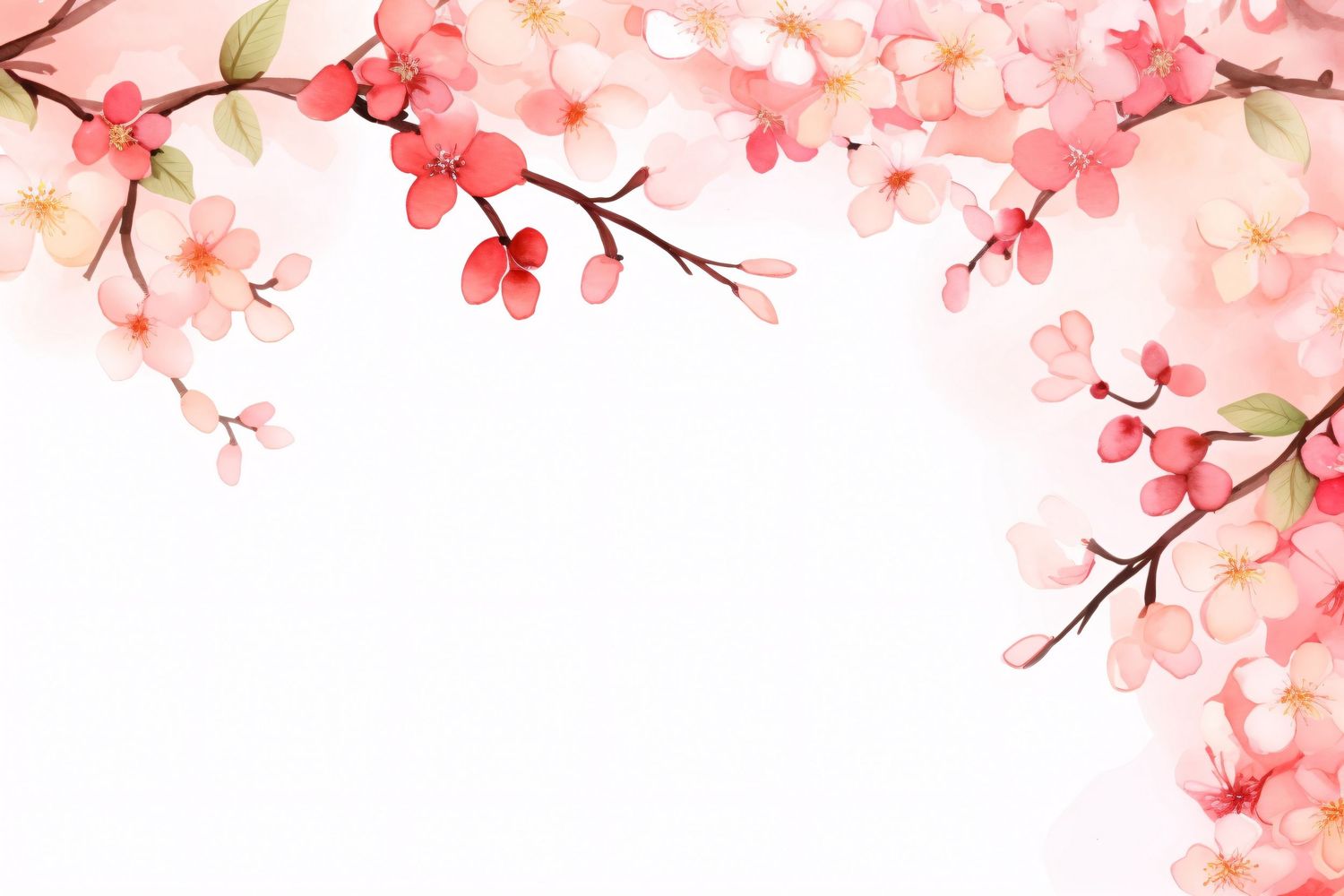 Watercolor cherry blossom branches with pink sakura flowers on white background, perfect for spring themes.