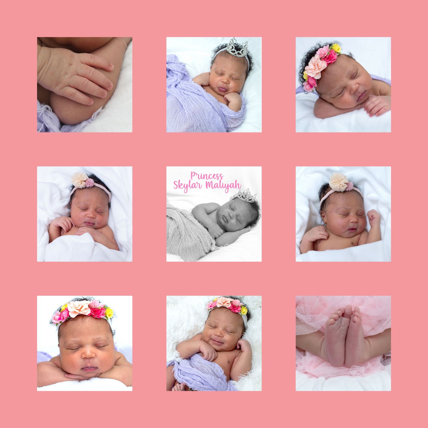 A pink photo collage of newborn baby Princess Skylar Maliyah featuring nine precious moments.