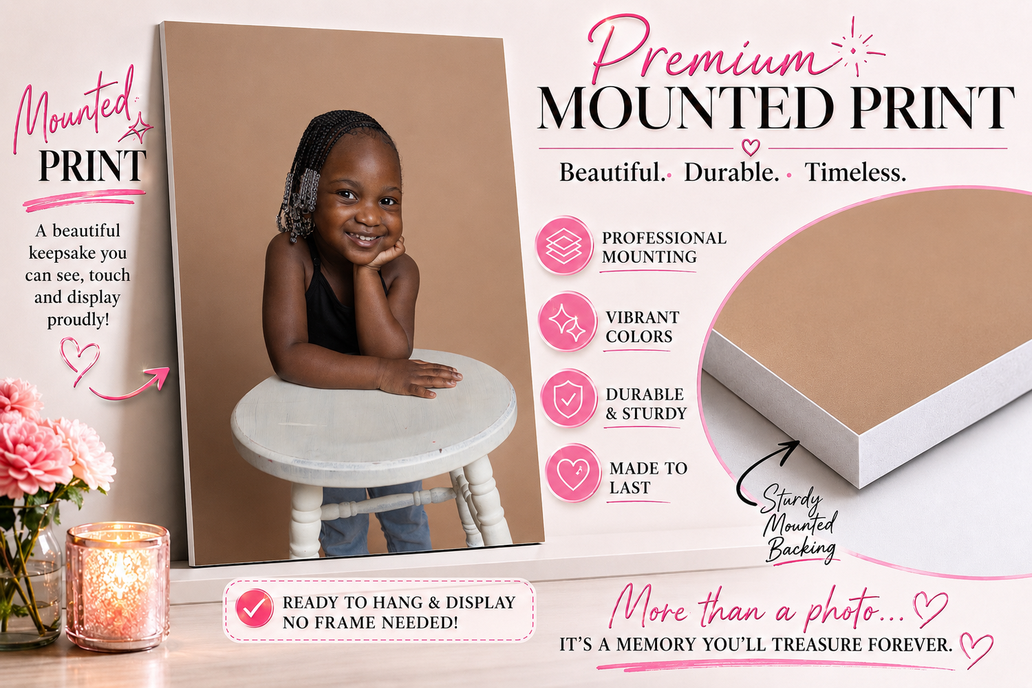 Premium mounted print featuring a smiling child portrait on a beige background, showcasing vibrant colors and durable professional mounting.