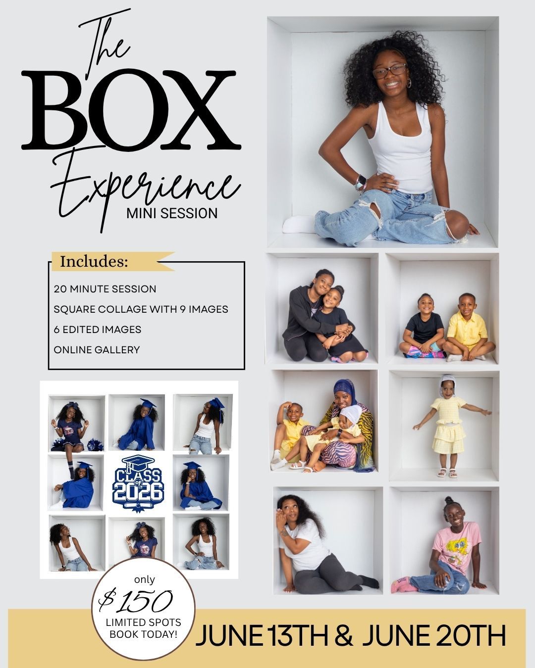 Promotional flyer for The Box Experience Mini Session photography event on June 13th and 20th for $150.