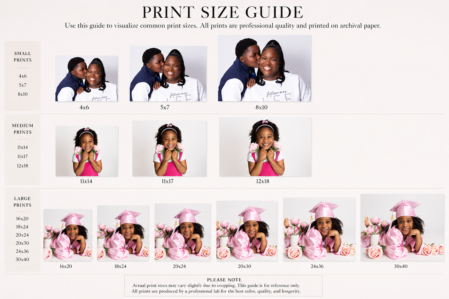 Print size guide showing small, medium, and large photo print options with sample portraits of women and children on white archival paper.
