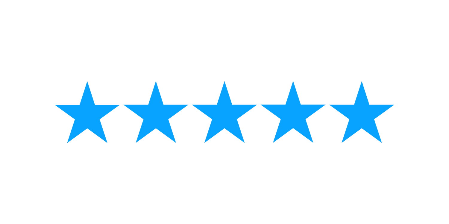 Five blue star rating icons with white outlines arranged horizontally against a white background.