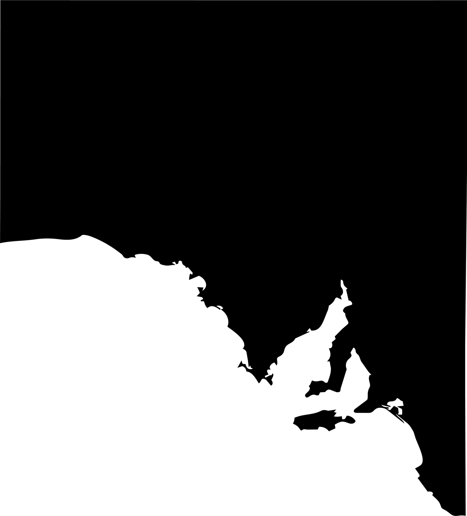 Black and white silhouette map of South Australia showing coastline and gulf regions.