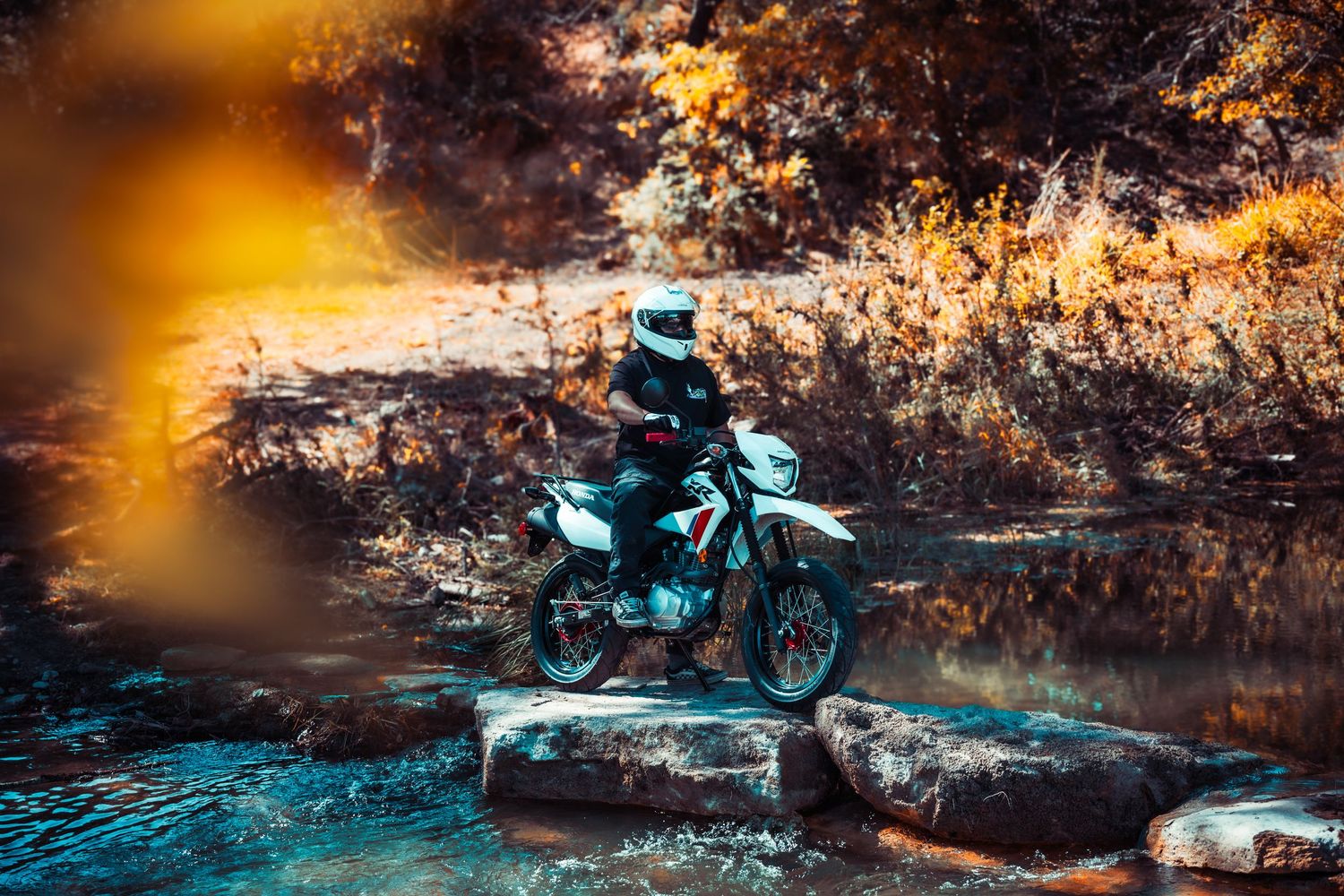 Dual sport bike photographed against golden autumn landscape with water features.