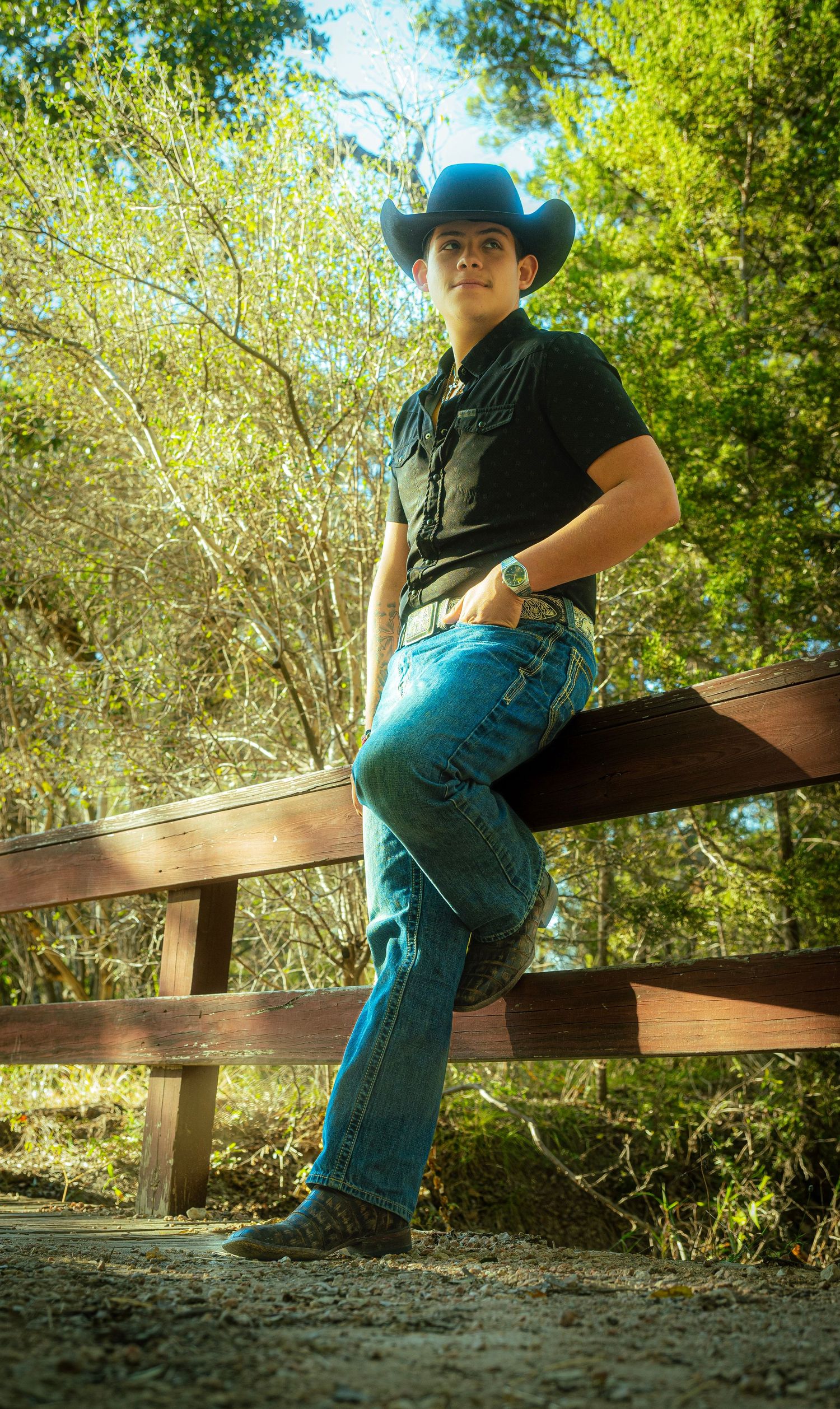 A cowboy-styled figure sits casually on a wooden fence rail in a sun-dappled outdoor setting.