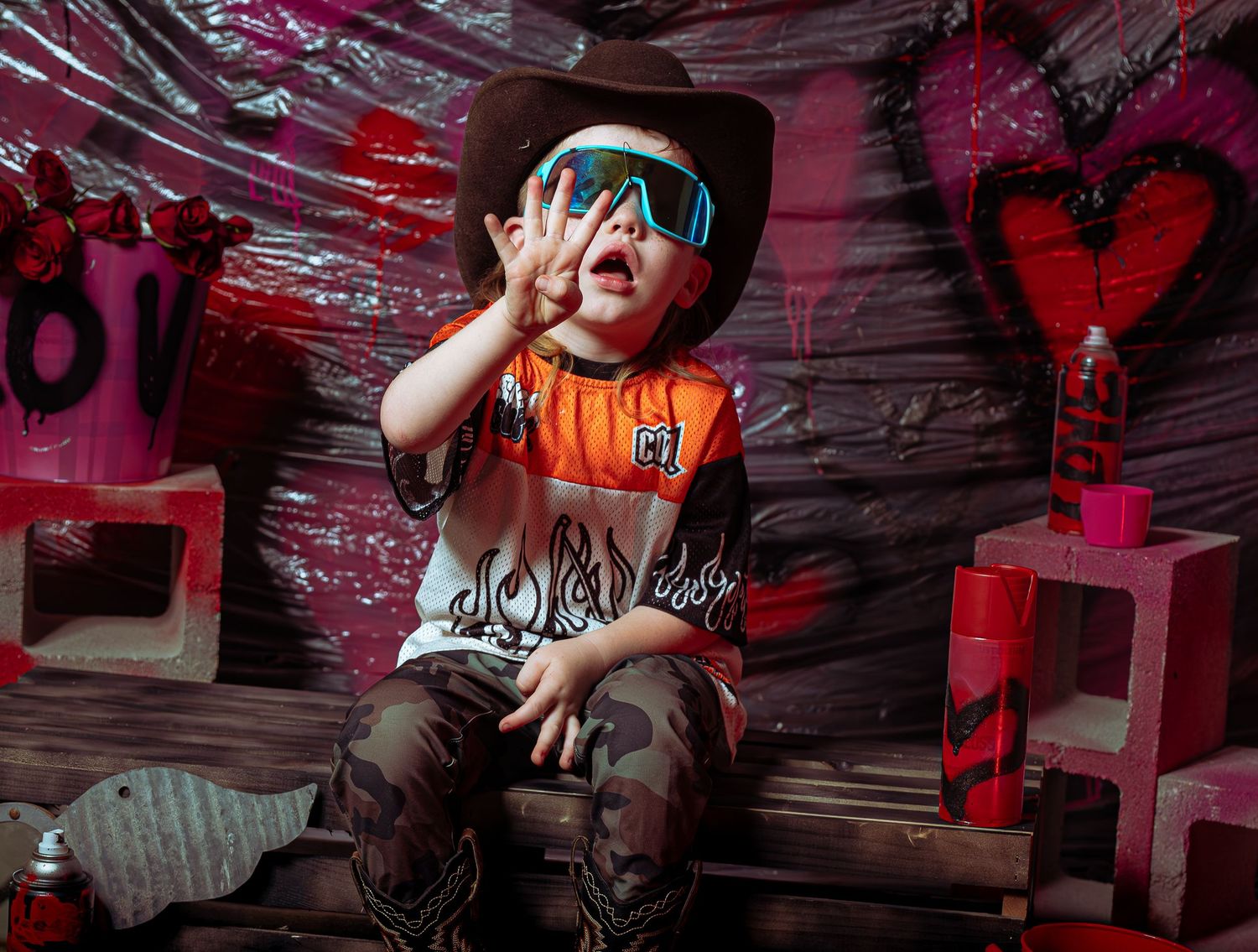 Person in orange shirt poses dramatically against graffiti wall in multiple artistic shots.