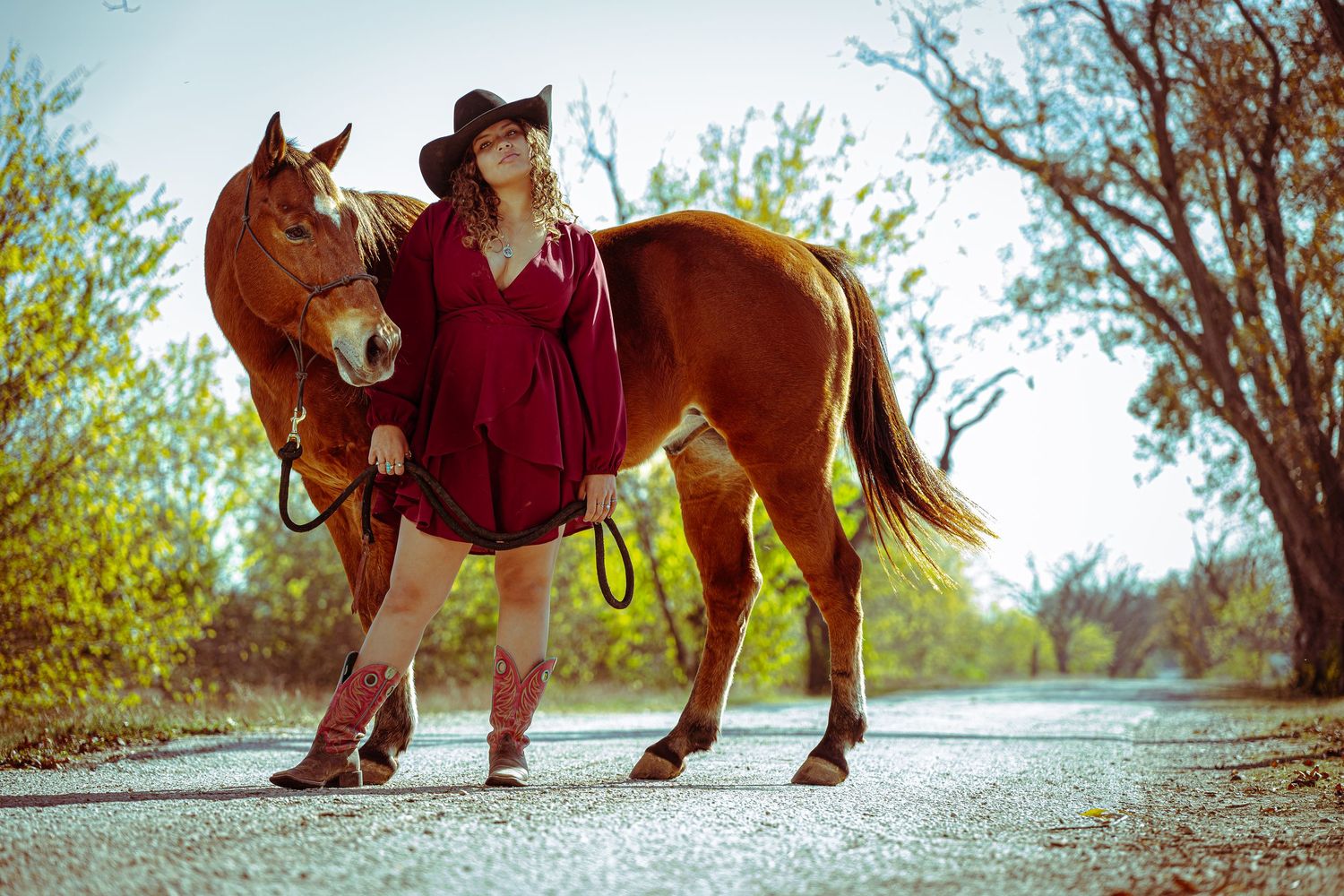 A series of connected images showing a person in a burgundy dress walking alongside a brown horse on a tree-lined path.