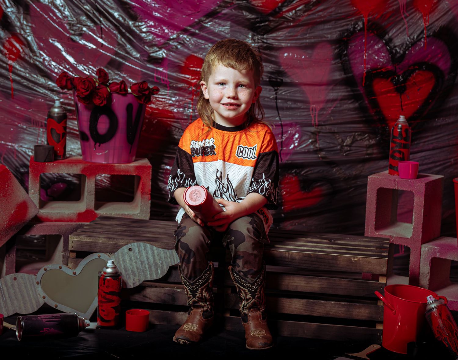 A collage of five photos showing a child in a dark room with red lighting and rustic wooden decor.