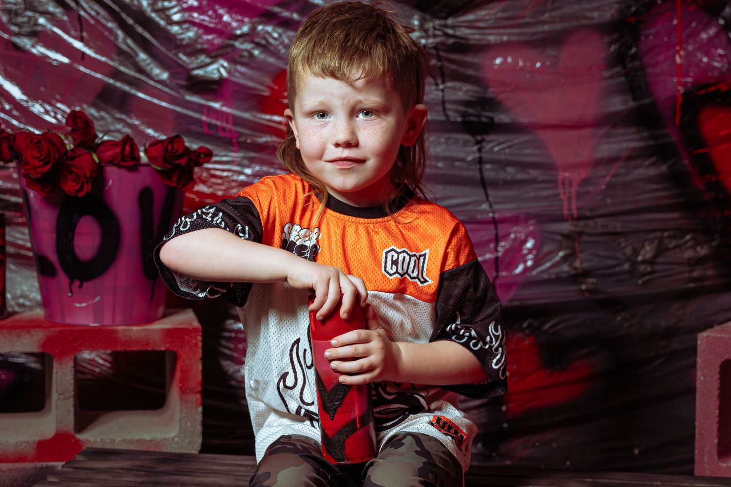 A young person in an orange t-shirt poses confidently against a graffiti wall with dramatic red lighting.