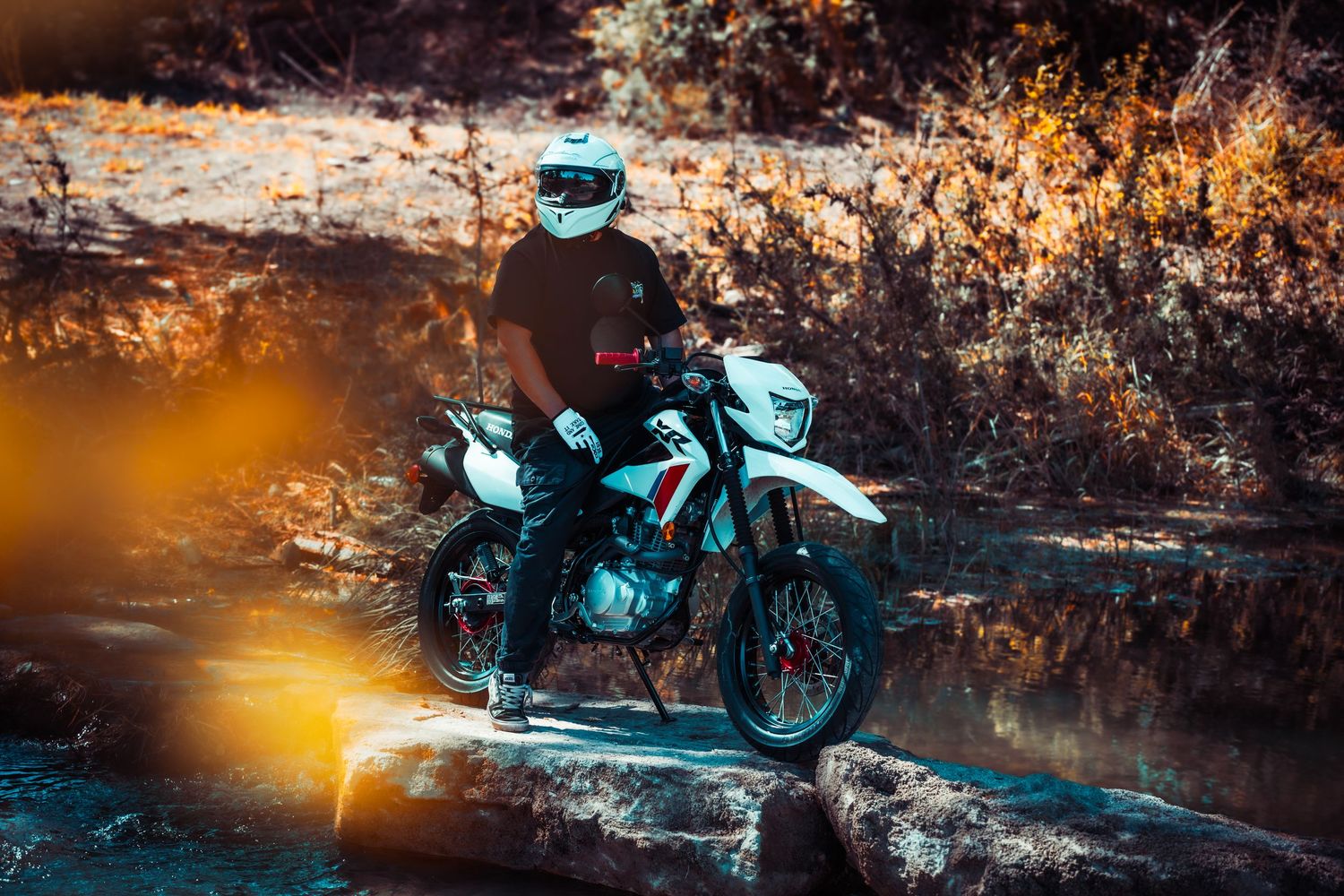 Motorcycle parked in autumn forest setting with dramatic orange and teal lighting effects.