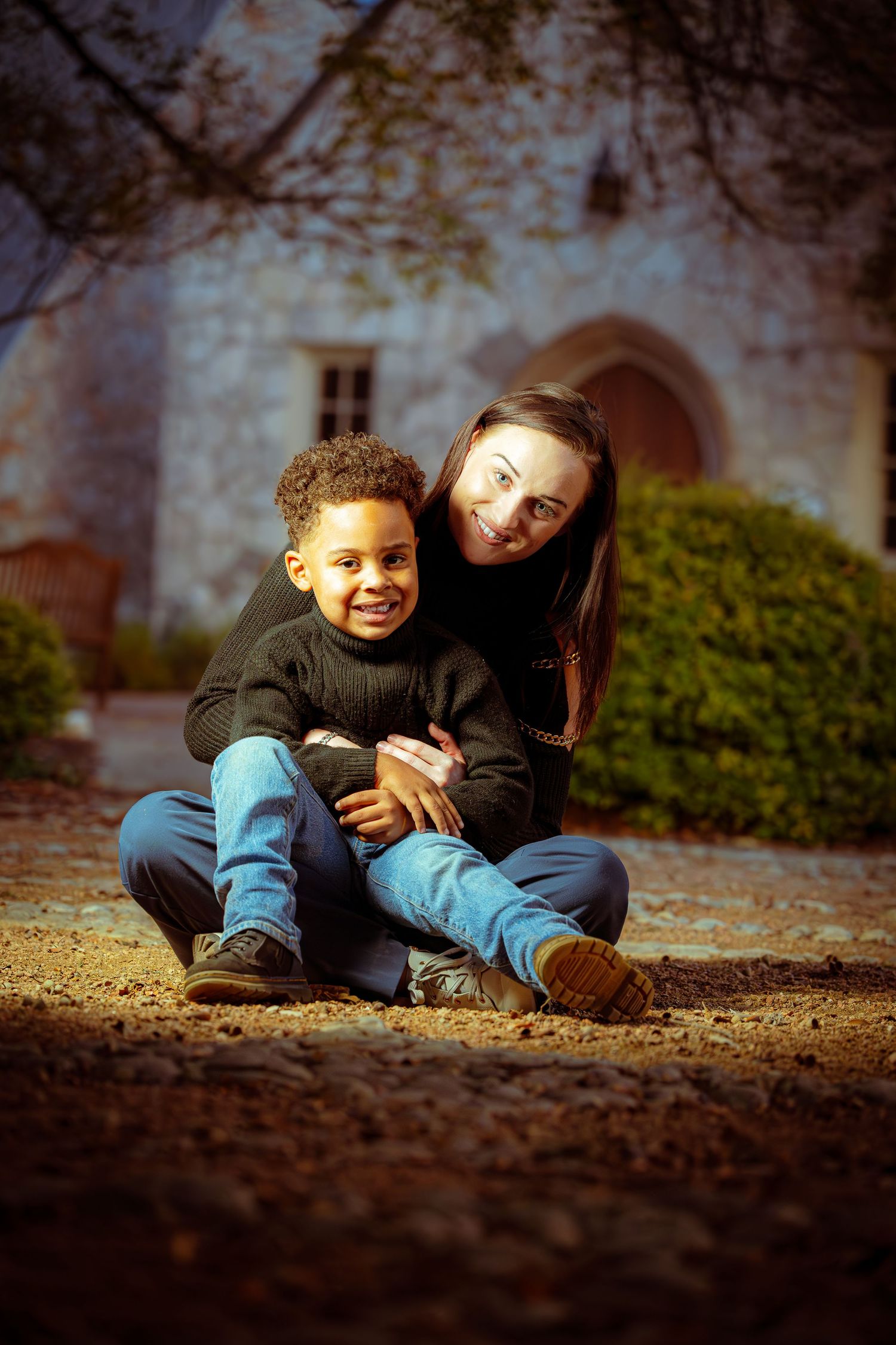A sequence of candid moments showing two people lying on fallen autumn leaves, sharing joyful laughter together.