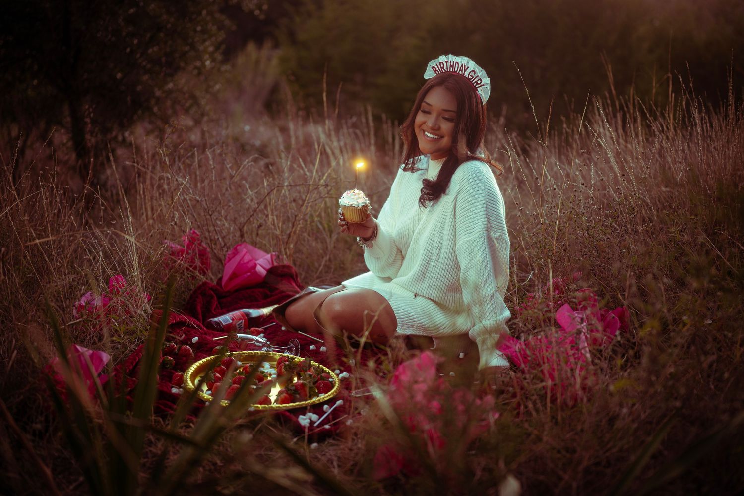 A dreamy evening picnic scene with glowing lights and pink flowers in a field at dusk.