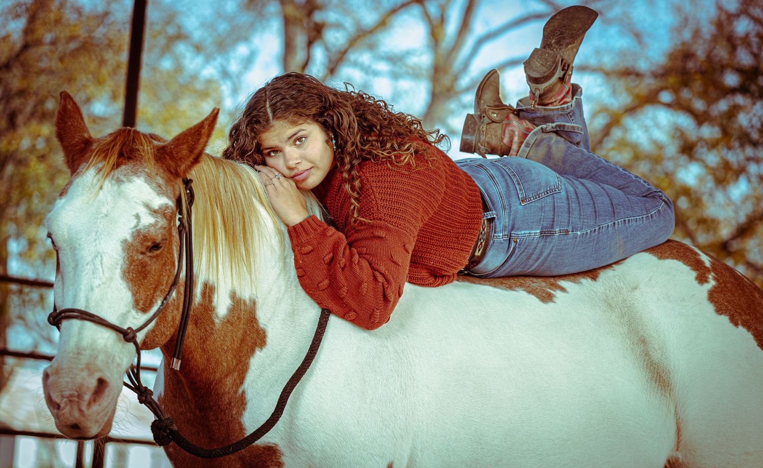 A series of photos showing someone lying on a white horse in an autumn setting with golden sunlight filtering through trees.
