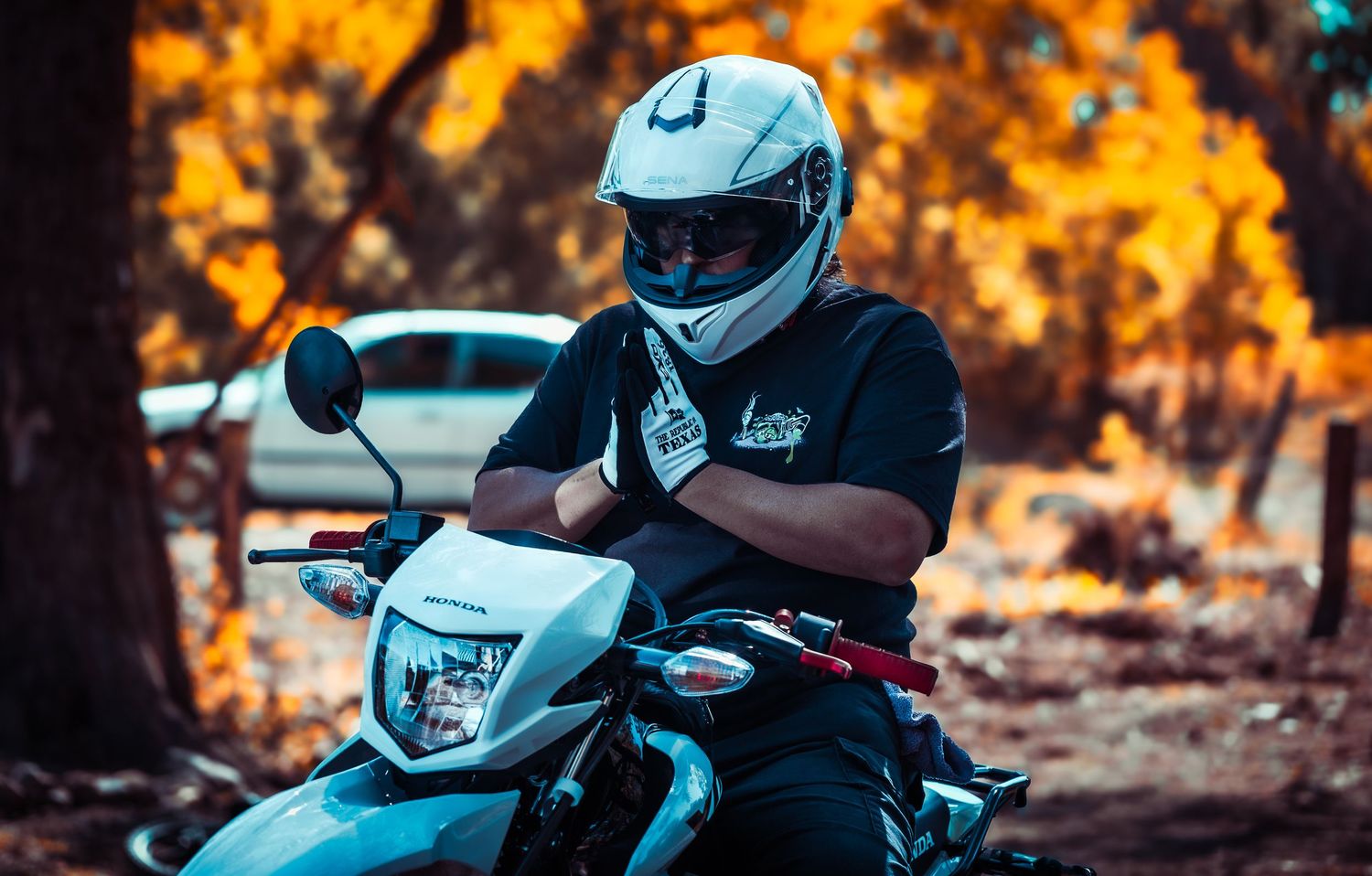 Sport bike photographed against dramatic orange autumn background with artistic lighting.