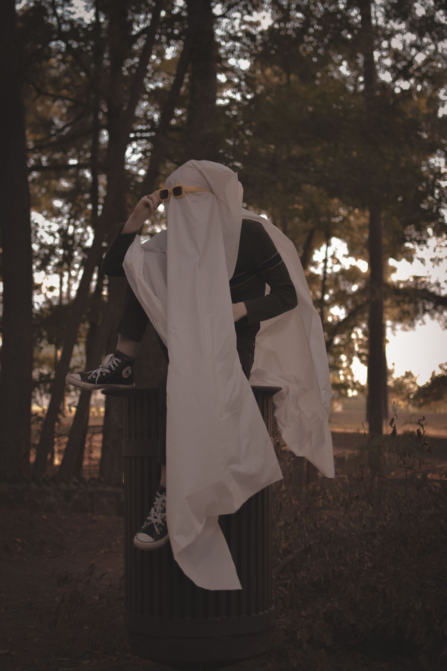 A person sits on a tree stump wearing a sheet and sunglasses looks off into the distance.