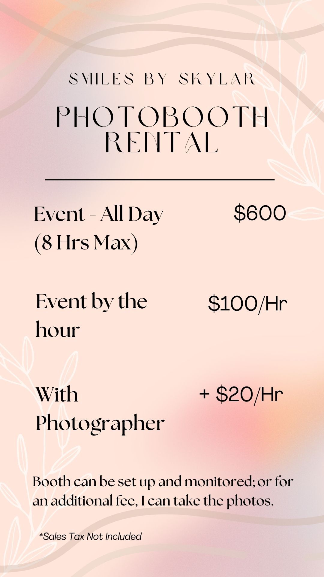 Price list for renting my photobooth
