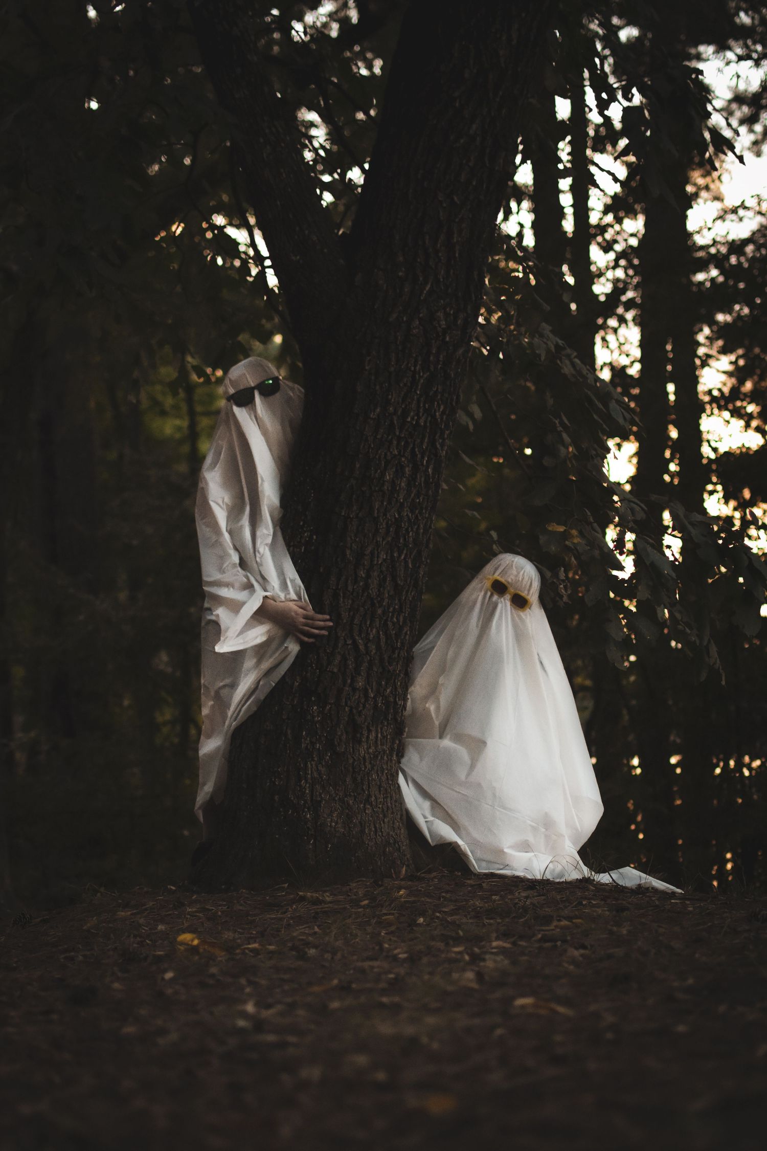 Two people dressed as ghosts in sheets and sunglasses peek at the camera from behind a tree.