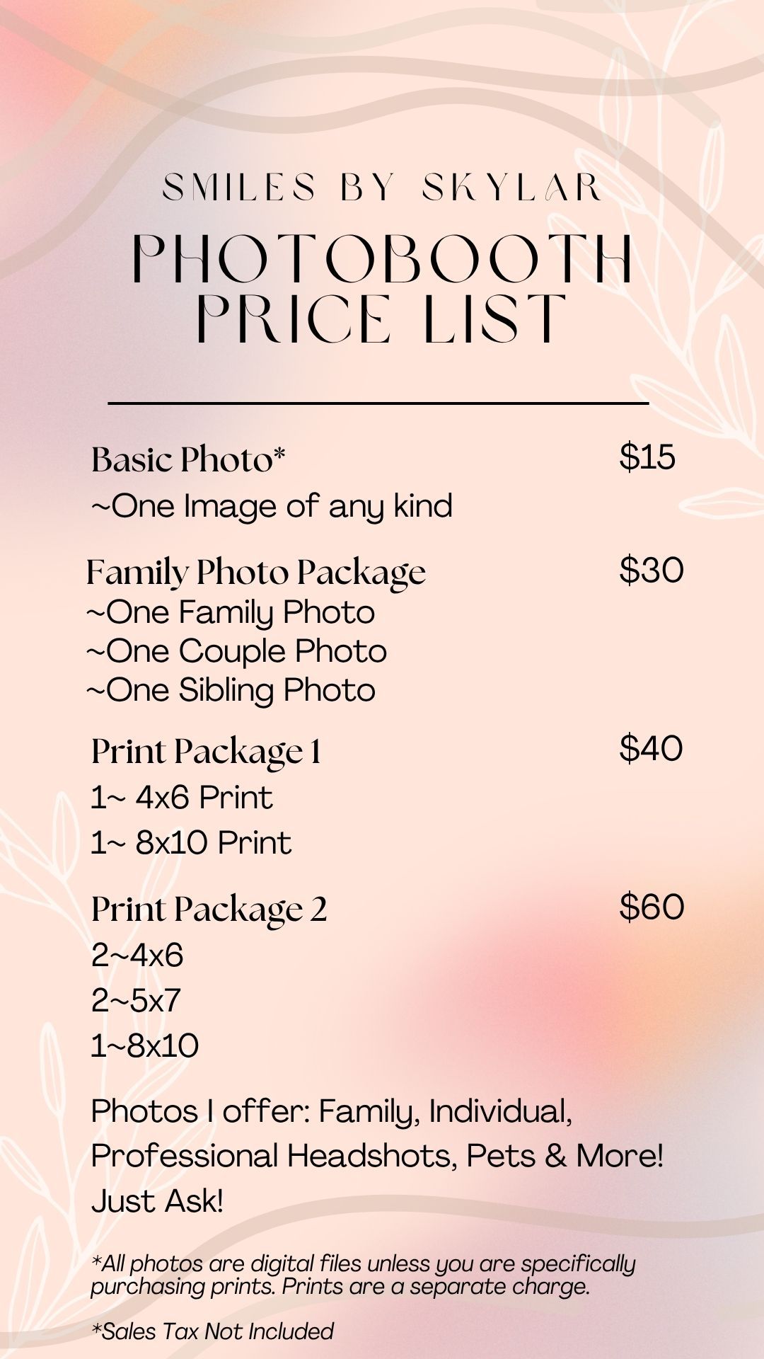 Price list for my studio-style mobile photobooth.
