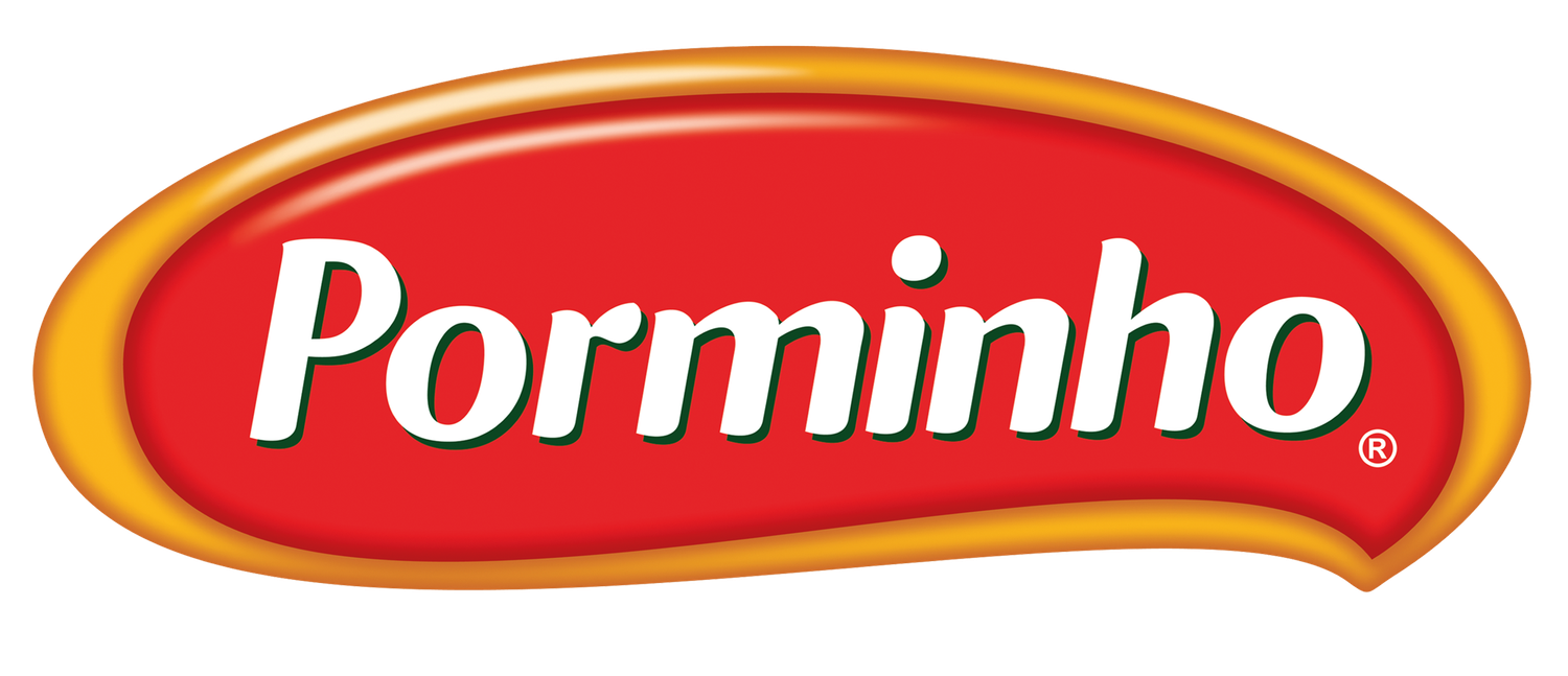 Row of red and orange Porminho food brand logos with curved design elements.