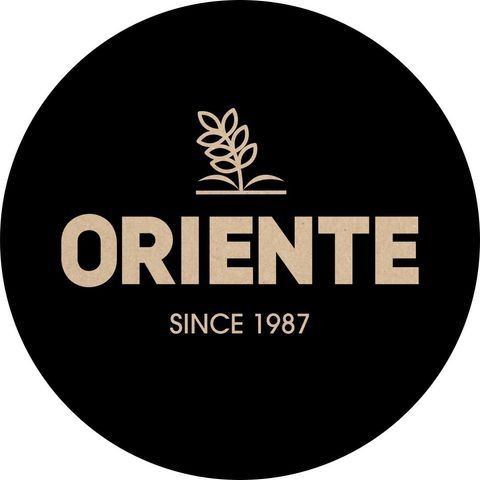 Series of black circular logos for Oriente brand with text and leaf motifs.