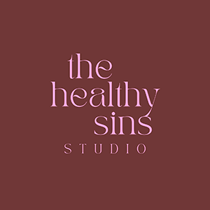 Elegant burgundy text banner with serif typography displaying 'healthy sins studio'.