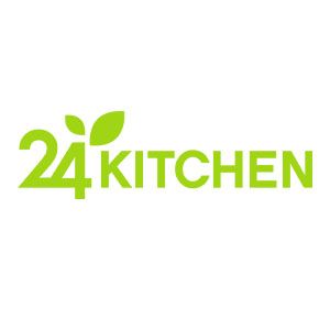 Modern green Kitchen logo design with leaf motif and text.