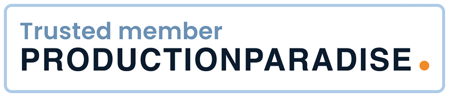Production Paradise trusted member text logo in blue and black.