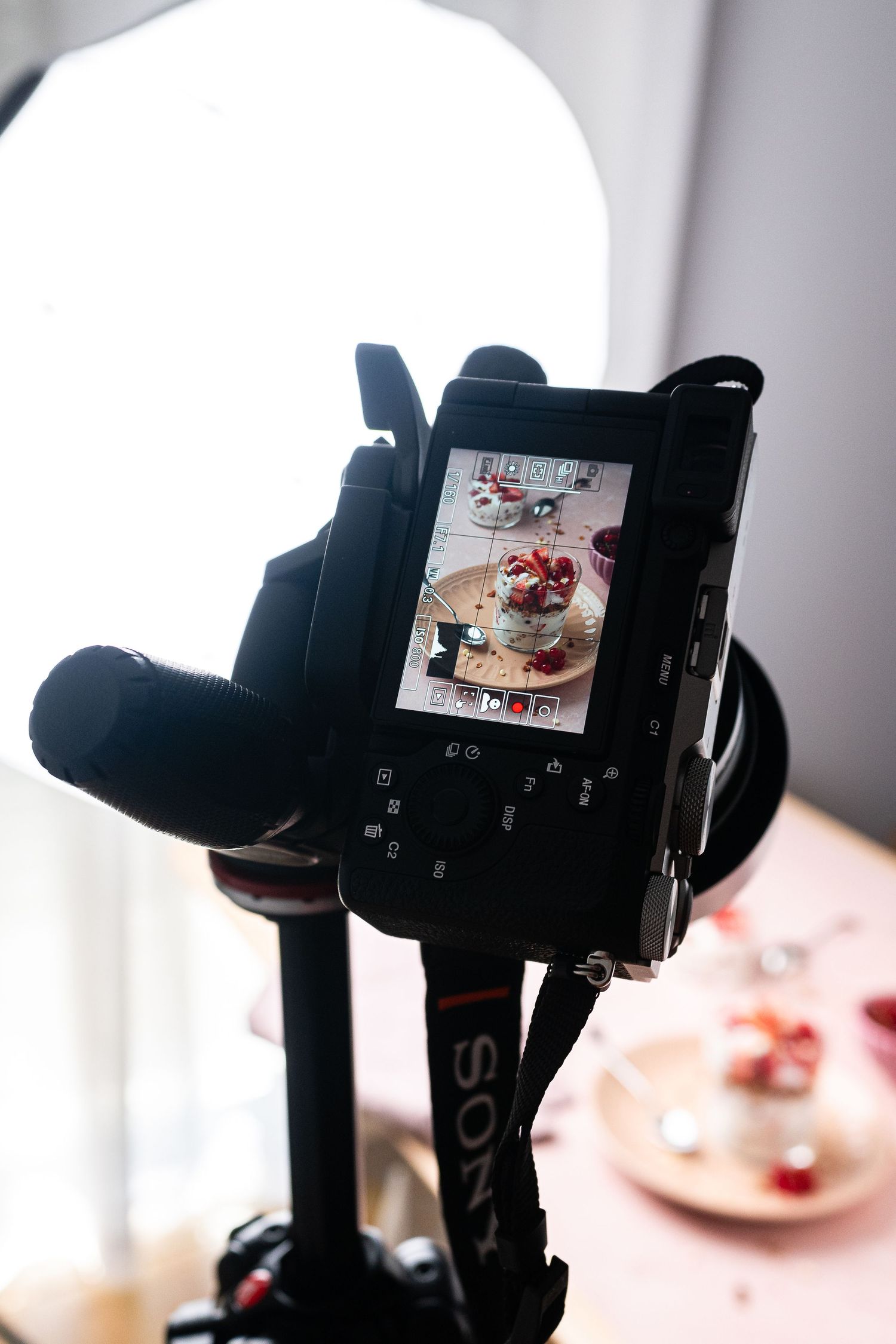 Professional camera setup on tripod photographing food scene in studio.